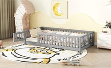 Twin Size Bed Floor Bed With Safety Guardrails And Door For Kids, Gray