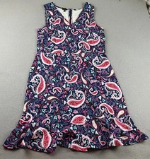 Talbots Dress Womens XL Blue Paisley Cotton Sleeveless Waisted Ruffles Back Zip