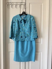Talbots 100% Silk Sheath Dress And Embroidered Jacket Set Teal Blue Sz 14 Lined