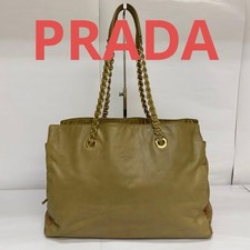Prada Chain Tote Bag Light Brown Leather Nylon Used From Japan