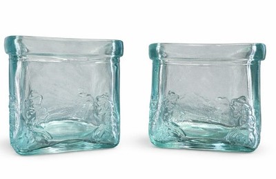 Vintage Aqua Glass Votive Candle Holders Set of 2 Ivy Leaf Blue Green Square 