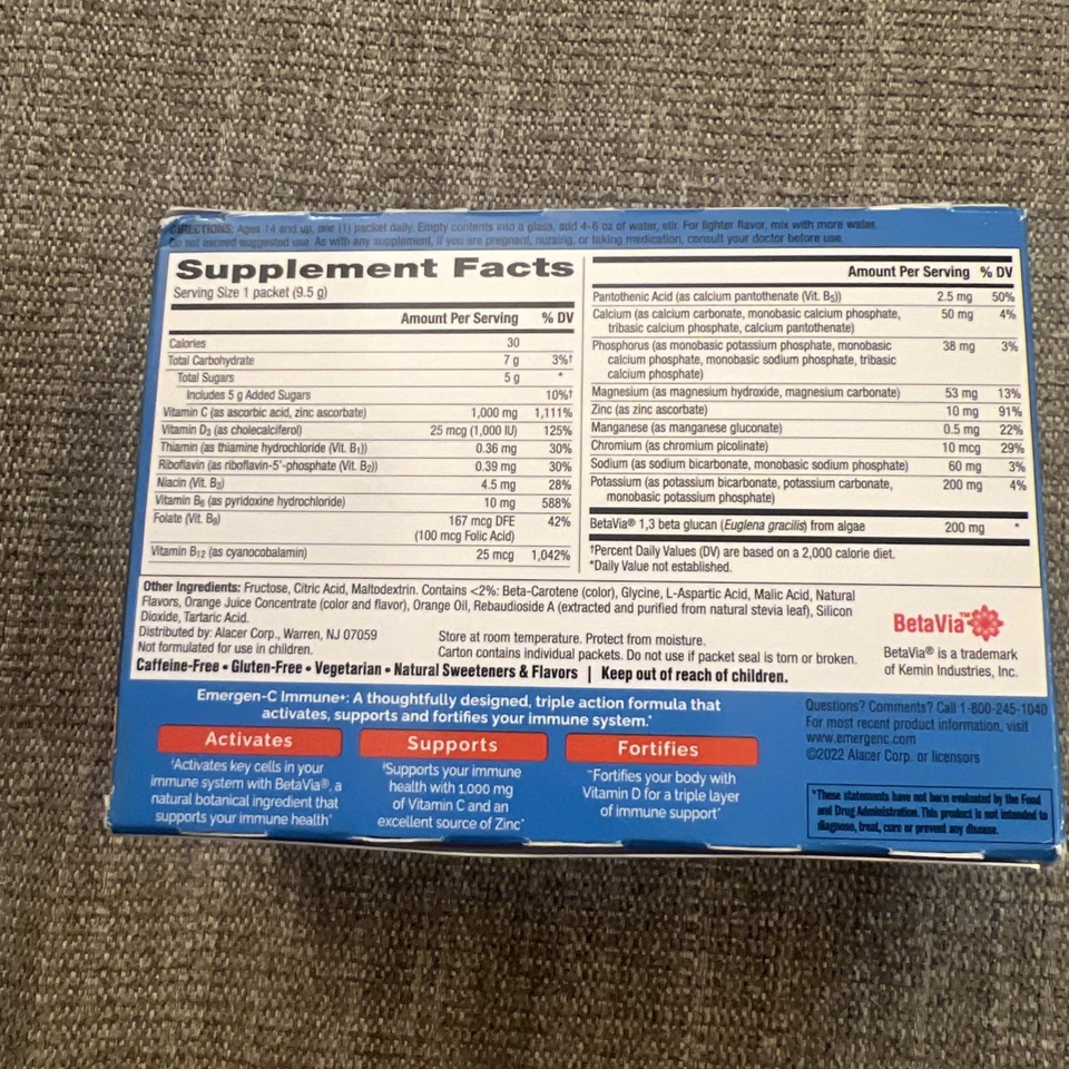 Polvo de apoyo inmunológico triple acción Emergen-C Immune+, betavia (R), 1000 mg de vitamina Foto 4 de 4