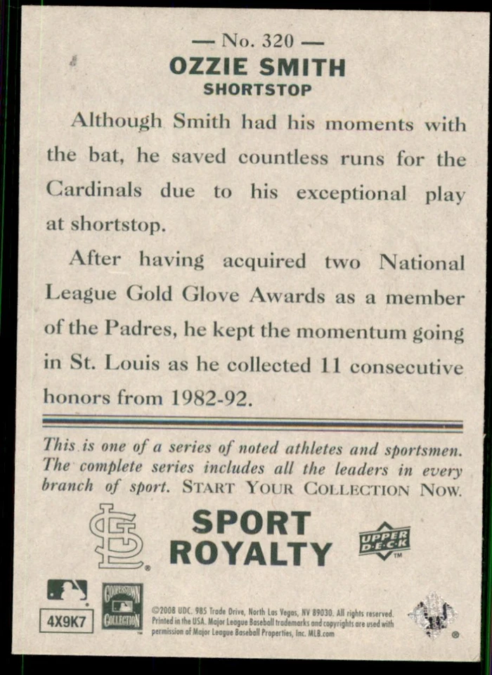 2008 Upper Deck Goudey SP #320 Ozzie Smith St. Louis Cardinals - Imagem 2 de 2
