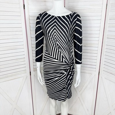 Rinascimento Dress Women Small Black White Abstract Stripes Knotted Waist Sheath