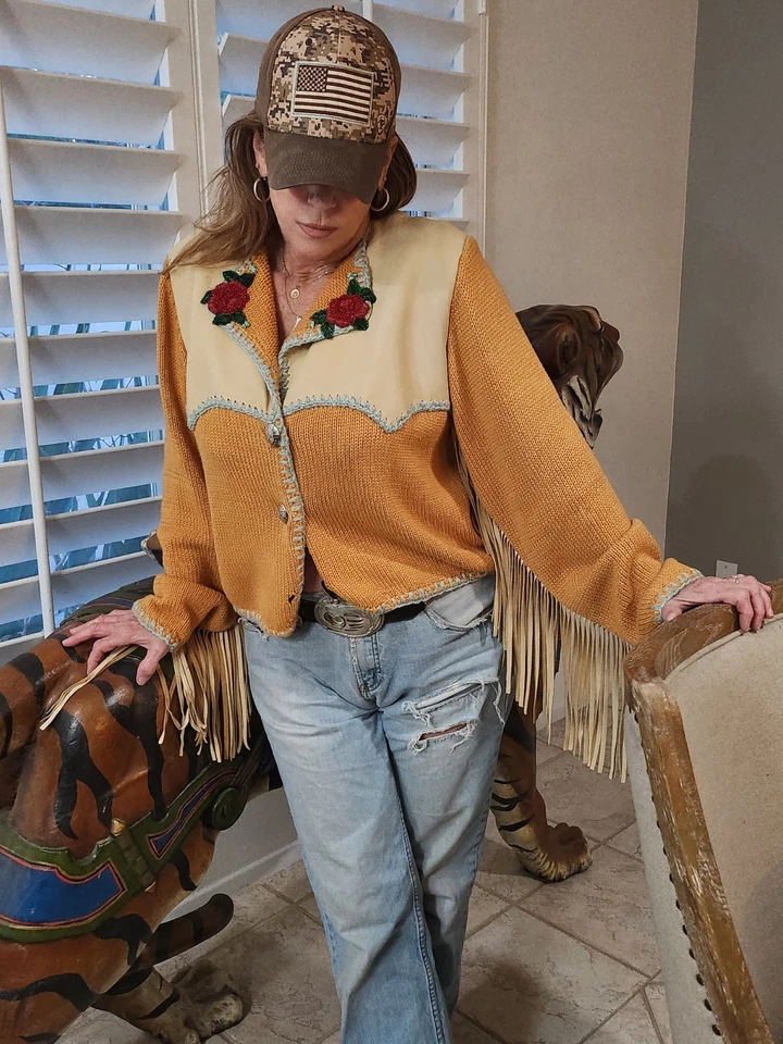 RARE Lianne Barnes VINTAGE Southwestern Leather Knit Fringe Jacket Coachella L Foto 2 de 4