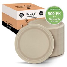 Ibambo Bamboo Disposable Paper Plates - 9 Inch, 500 Pack, Compostable Plates