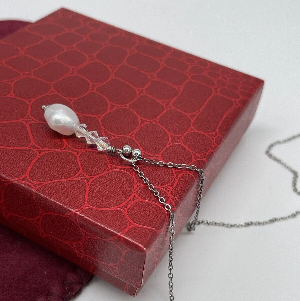 Collana donna vintage catenina pendente di perla naturale cristalli argento 925. - Immagine 4 di 4