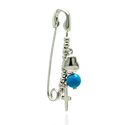 925 Sterling Silver Rhodium Plated Cross, Heart and Blue Bead Pin STP01059