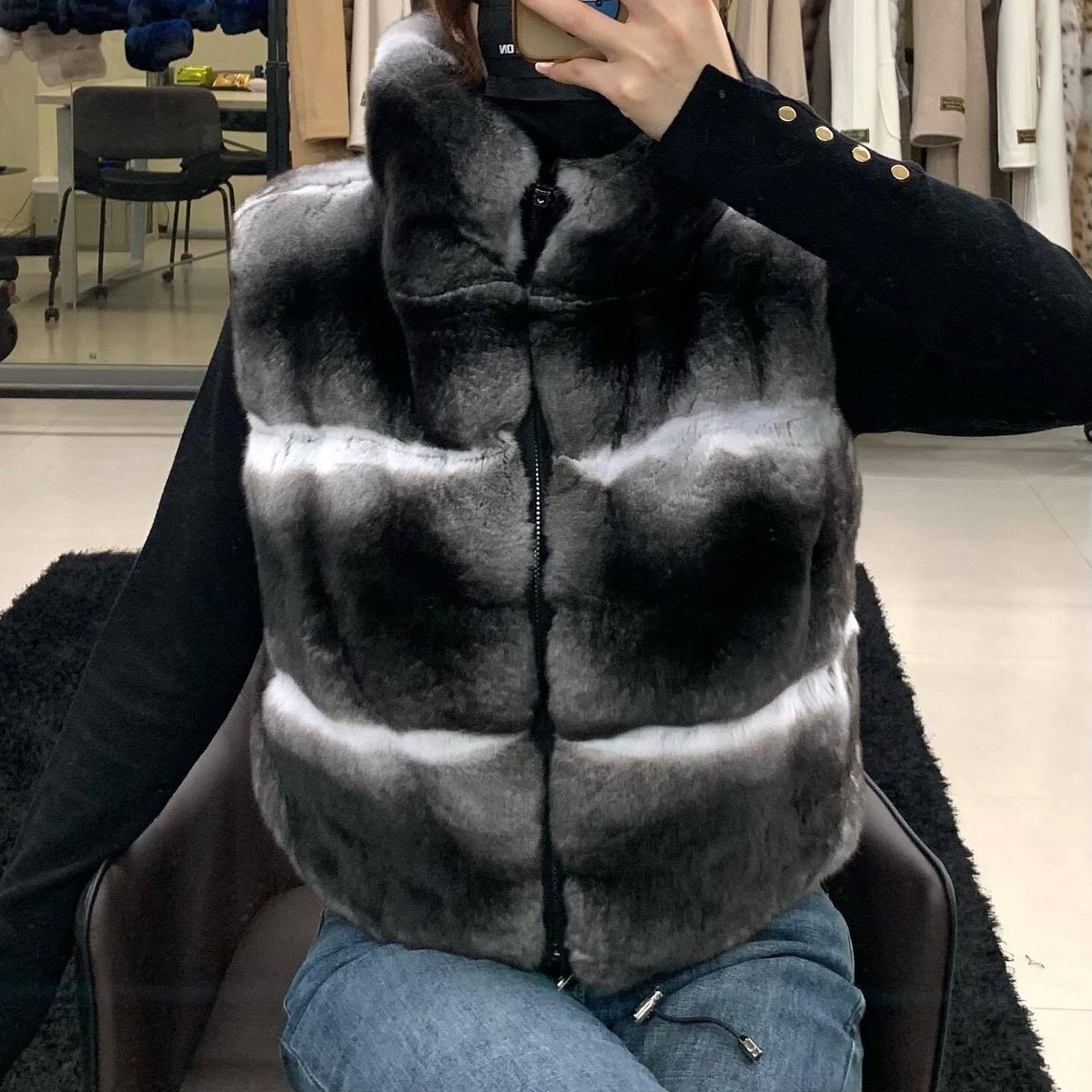 Women Real Rex Rabbit Fur Vest Zip Gilet Coat Natural Chinchilla