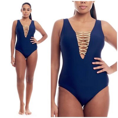 Cover Girl Navy Blue Gold Metallic Lace Up V-Neck One Piece
