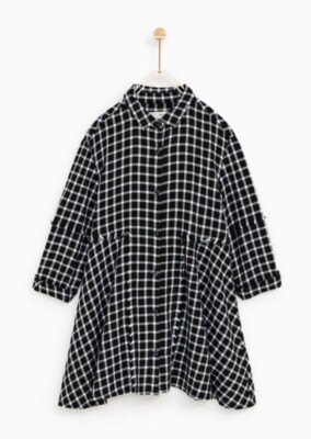 Zara Girl Shirt Dress Check Plaid Flannel Collar Wednesday Long Sleeve 8Y black