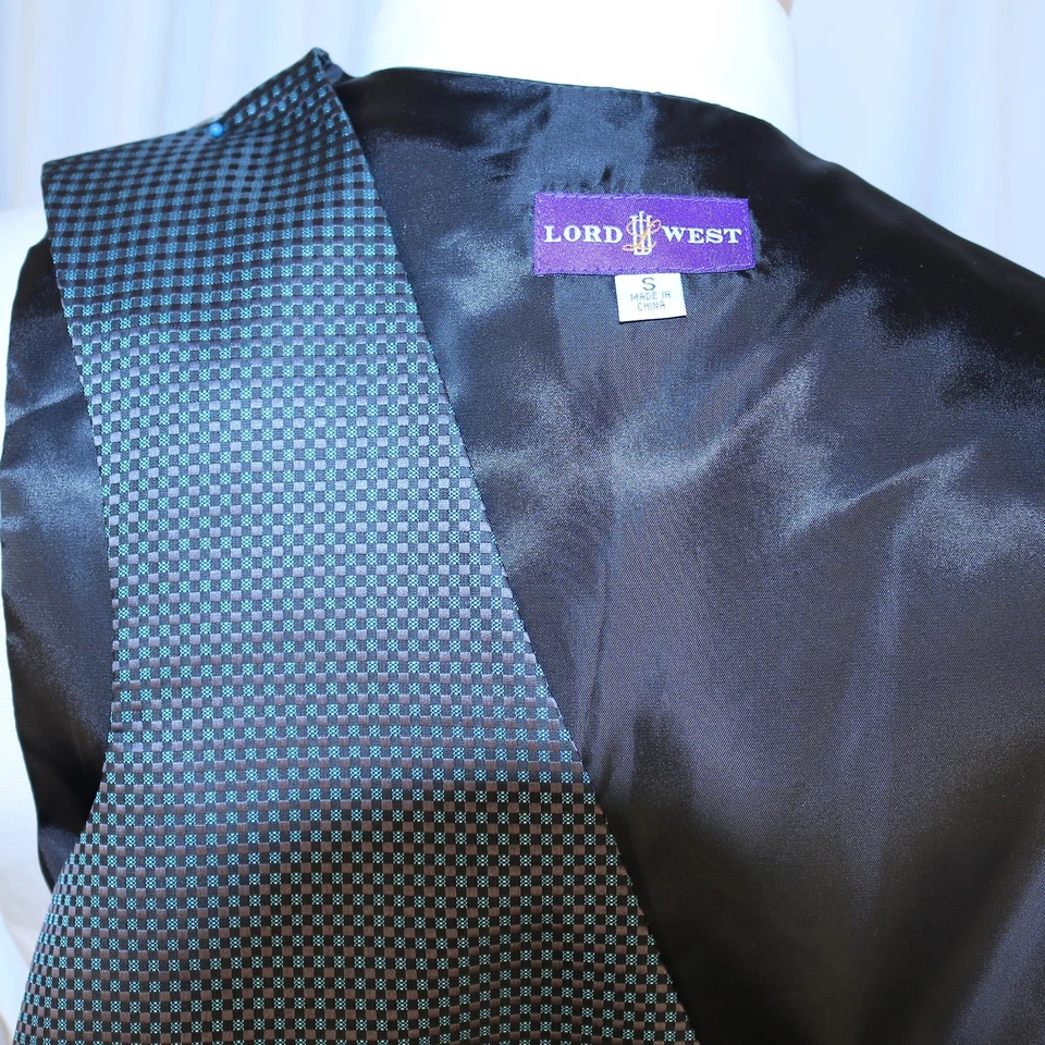 LORD WEST Aqua Blue Silver Gray Black Polka Dot Men Formal Waistcoat Vest Size S - Image 2 of 4