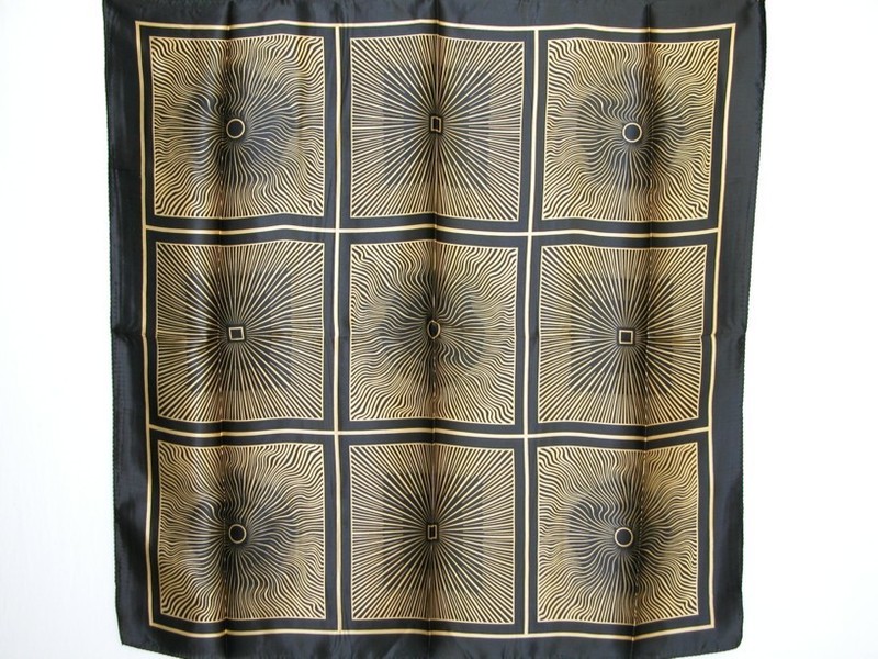 New 100% Charmeuse Silk Scarf Shawl Golden Black Art Curvy