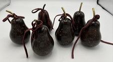 Pear Fruit Turned Wood Solid Rustic Brass Stem Farmhouse Brown Set of 6