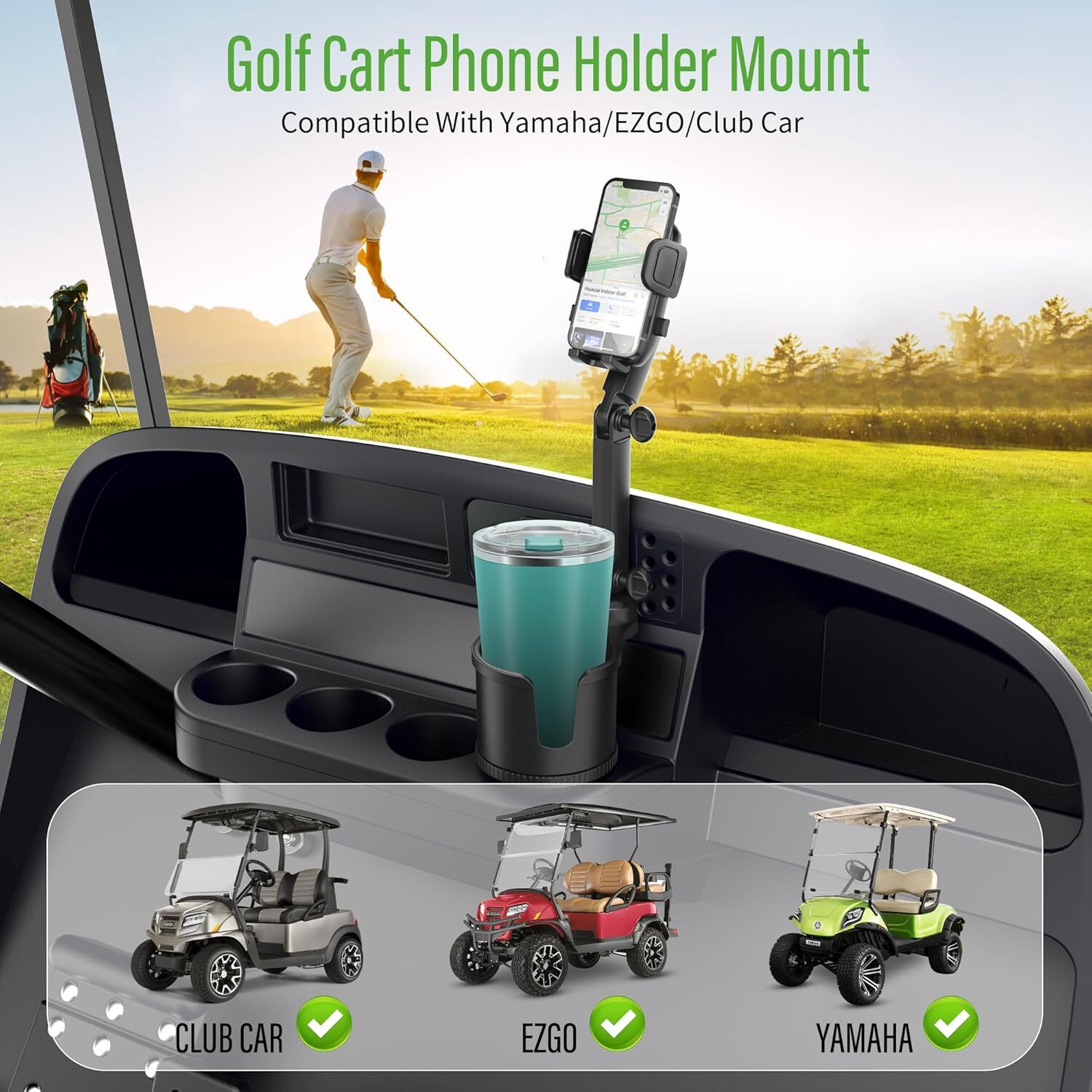 Golf Cart Heater Cup Holder W/ Phone Mount, Adjustable Holder for Yamaha EZGO 
