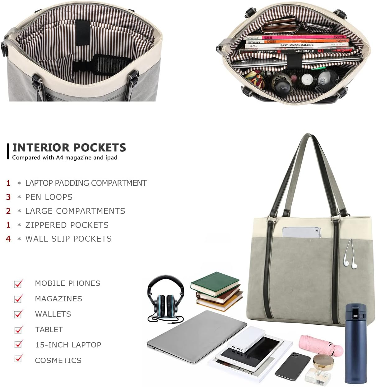 Women's Canvas Laptop Tote Bag – Lightweight Work Purse For 15.6 Inch Laptop, Roomy & Stylish