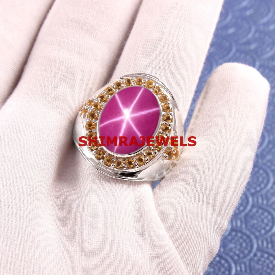 Künstlicher Linde Star Rubin & Citrin Mit 925 Sterlingsilber Herren Ring #1103 - Bild 2 von 4