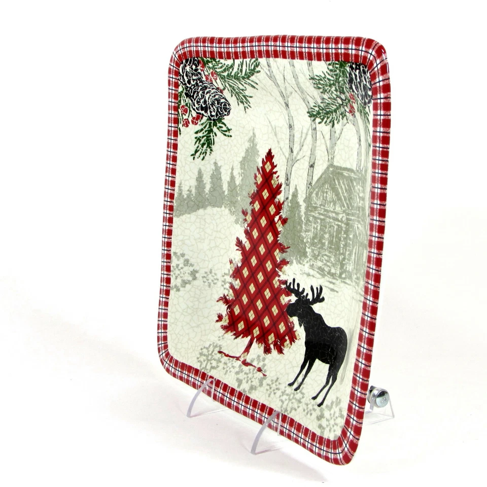 222 Fifth BRIDGETON LODGE 8" Salad Plate Square White Red Moose Christmas Mint - Image 3 of 4