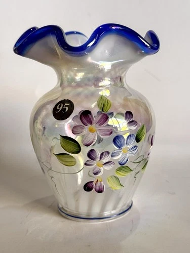 Fenton 95th Anniversary Vase Opalescent Swirl Cobalt Scalloped Rim Floral Signed