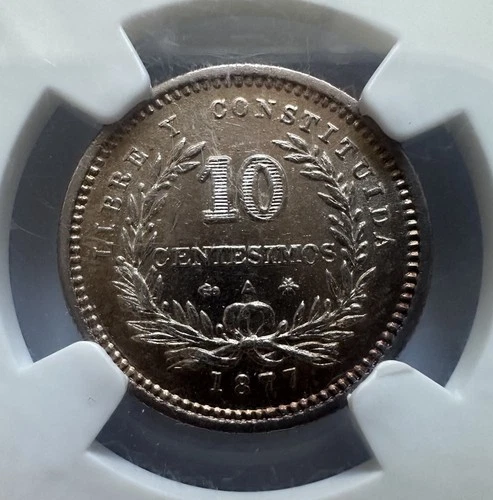 10 Centesimos 1877 A Uruguay NGC MS63 Silver Coin (1578) 