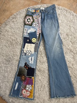 BDG Patchwork Hippie High Flare Jeans Light Wash Urban Outfitters Raw Hem SZ 25