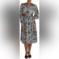 Dolce & Gabbana Blue Silk Labrador Roses Print Long Sleeve Dress Dog Rare Sz 42