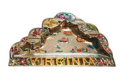 Vtg Virginia Map Metal Souvenir Ashtray Trinket Keys Coin Tray State History 2D