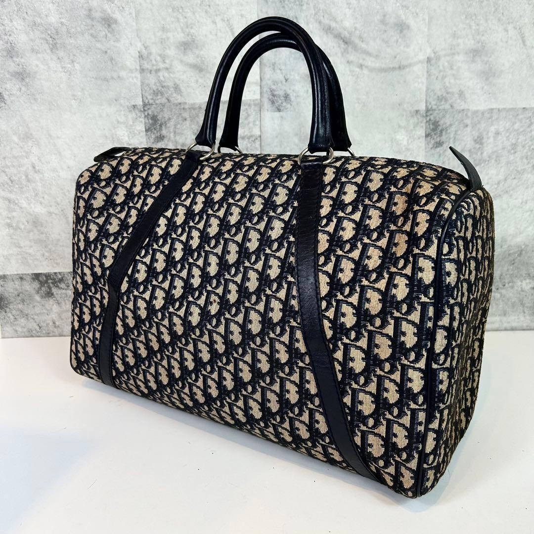 Christian Dior Mini Boston Handbag Canvas Genuine Leather Navy Beige Authentic