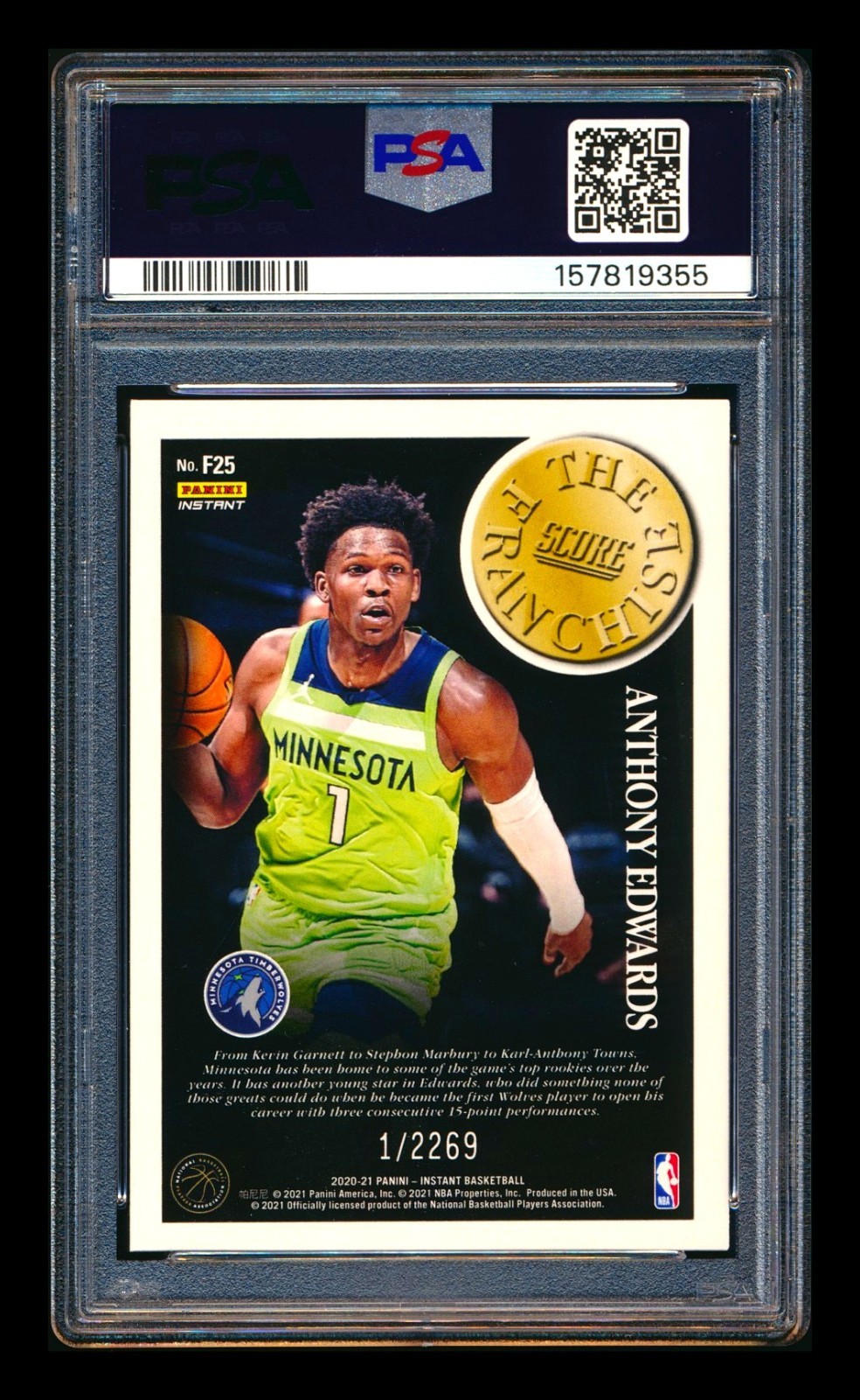 2020-21 PANINI INSTANT ANTHONY EDWARDS RC SCORE FRANCHISE WOLVES ROOKIE PSA 10! view 2