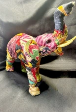 Vtg 13" Kantha Sari Patchwork Lucky ELEPHANT Figurine Statue Multicolor Fabric