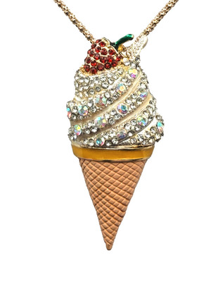 Betsey Johnson Strawberry Ice Cream Cone NECKLACE Enamel Rhinestone NEW w Tag