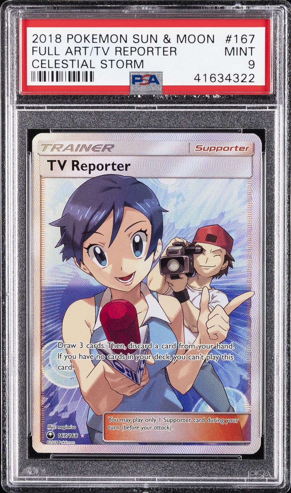 2018 POKEMON SUN & MOON CELESTIAL STORM #167 FULL ART/TV REPORTER PSA 9