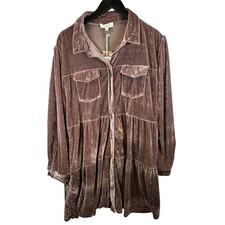Umgee Plus Size 1XL Brown Velvet Tiered Babydoll Button Down Shirt Dress WA6674