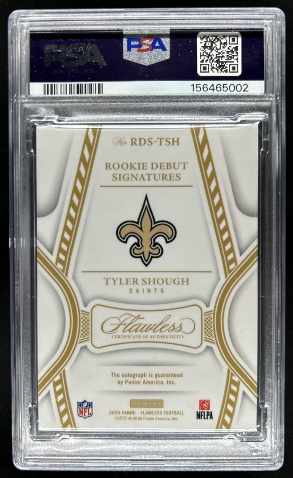 2025 Panini Flawless Tyler Shough Rookie Debut Signatures RC Auto #/25 PSA 10 view 2