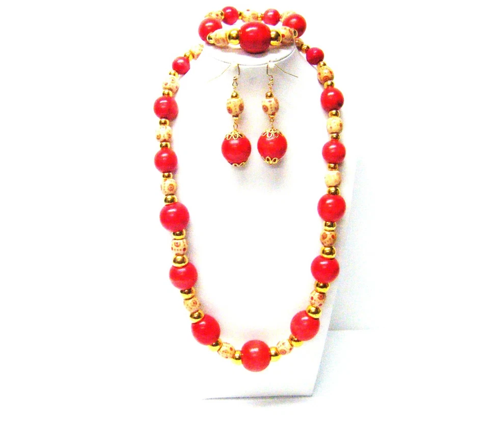 Collar/Pulsera/Pendientes Coral Rojo Redondo con Cuentas de Madera Ovalada Pintada Beige Foto 2 de 4