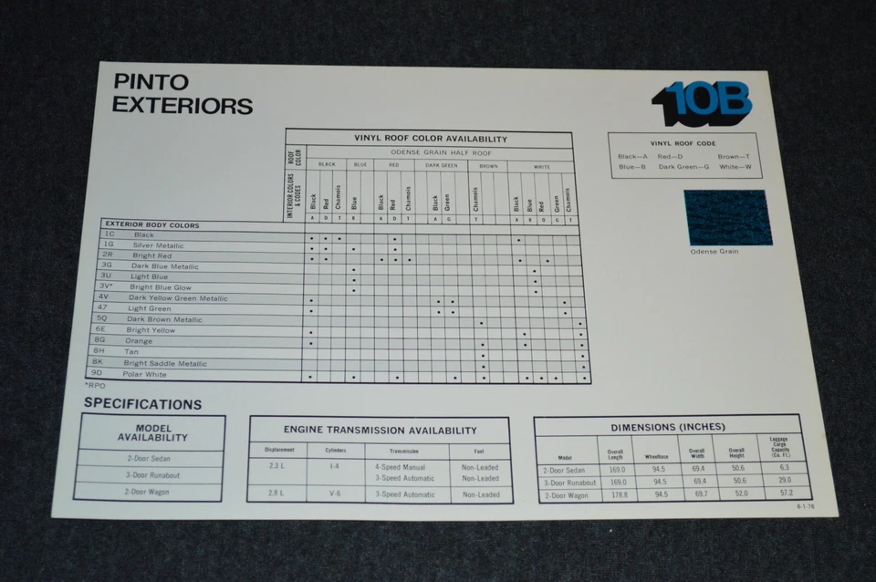 Ford Pinto 1977 código de color combinaciones de molduras solo distribuidor hoja de ventas 77 Foto 2 de 2