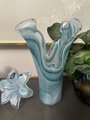 Blue Swirl Murano Glass Lot Vase Flower Swirl Bowl Set Of 3 - Picture 2 of 10