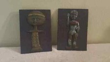 African Tribal Man Woman Wall Art Hangers Plaques Approx 5" x 7" Vintage Pair