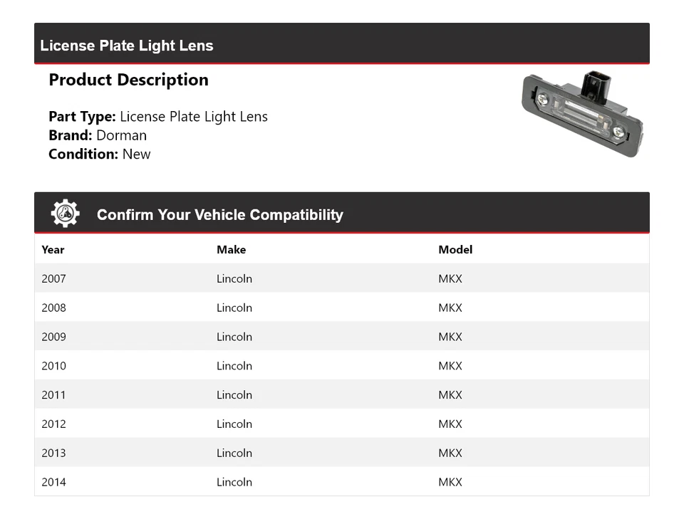 Lente de luz de matrícula para Lincoln MKX Dorman 2007-2014 2008 2009 2010 2011 Foto 2 de 4