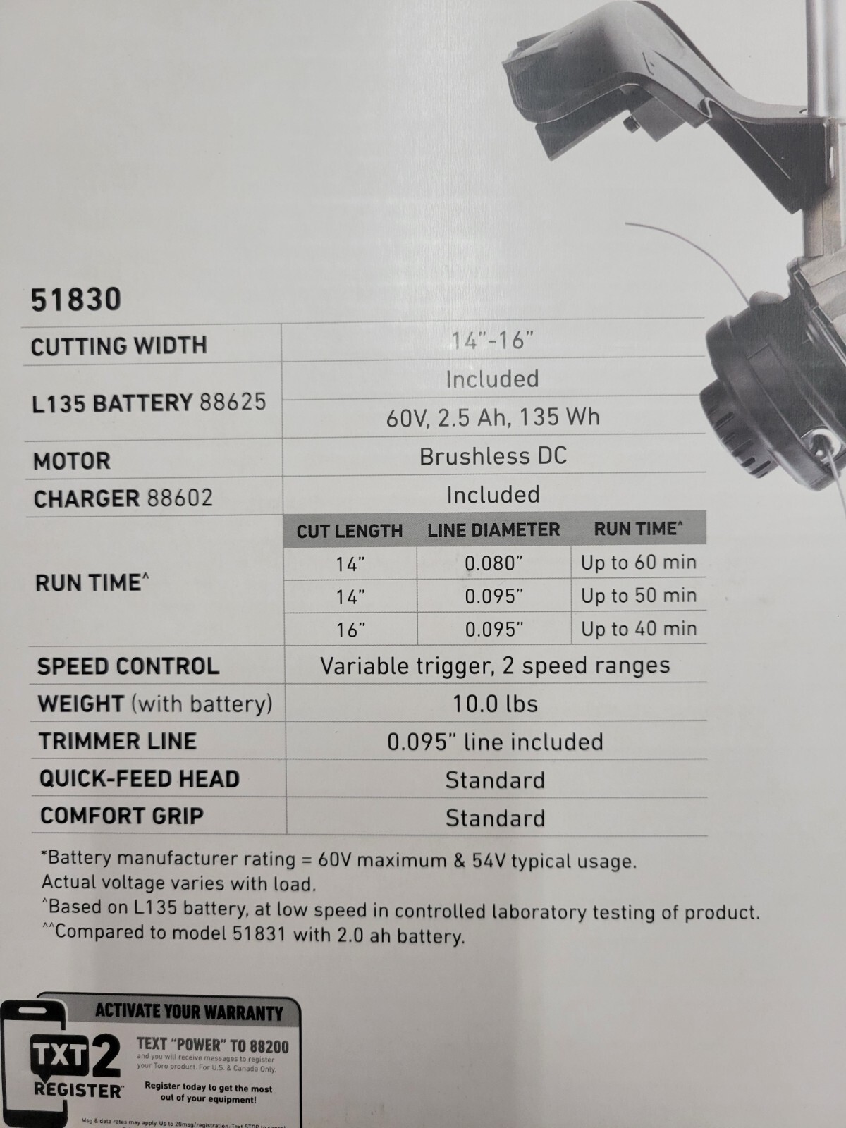 Toro 51830 60V Battery String Trimmer includes Battery New In Box | eBay