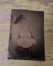Toddler in Fancy Clothing Antique Vintage Tin Type Photo 3 3/4X 2 1/2"