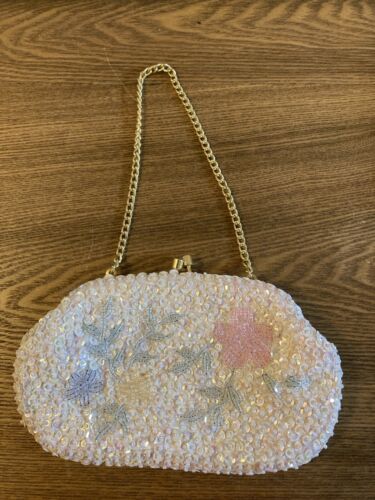 Purse 60s Evening Bag Iridescent White Sequins Be… - image 1