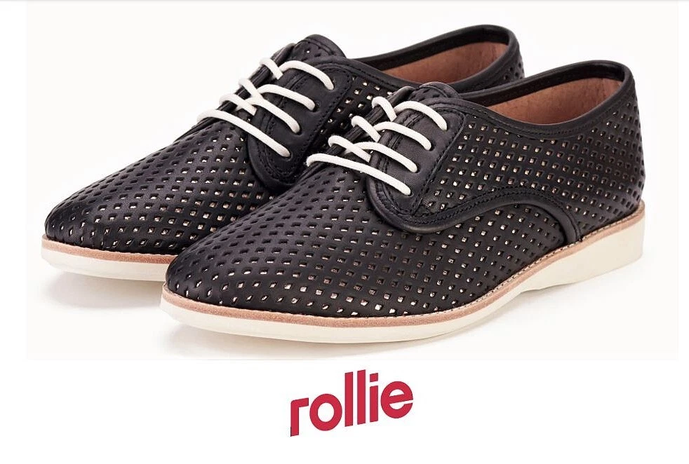 Rollie Shoes Derby Leather Lace Up Rollie Shoes Derby Punch Overlay Black Gold