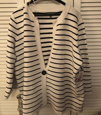 Jones New York Signature  Womens Cardigan Long Sleeve White W/ Black Stripes 2X