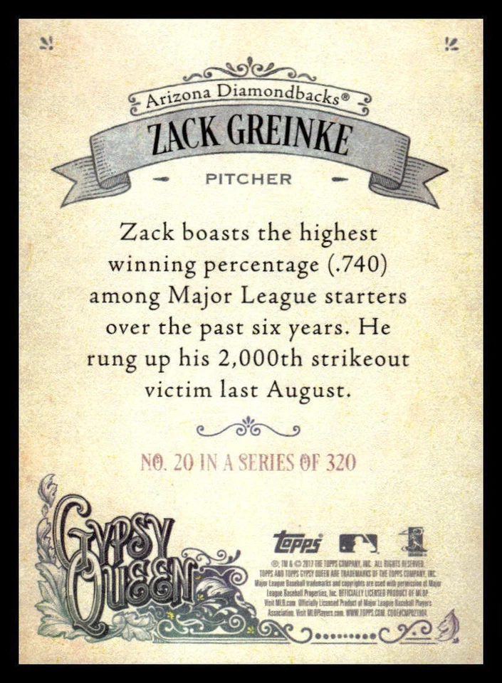 2017  Topps Gypsy Queen #20 Zack Greinke Missing Nameplate - Image 2 of 2