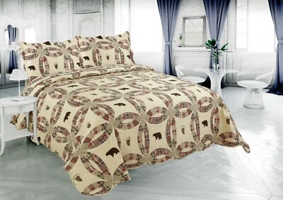 MARINA DECORATION Printed Stitching Soft Bedspread Coverlet Quilt Set, Cabin Bear and Circles