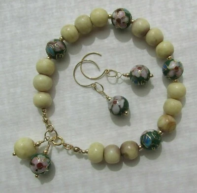 Natur Koralle Cloisonne Emaille Perlen Armband & Ohrringe Set 585 14K Gold GF  - Bild 1 von 4