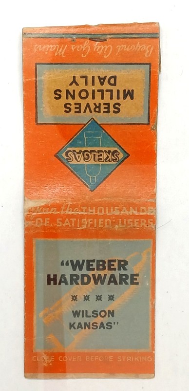 Vintage matchbook cover advertising Skelgas and Weber Hardware in Wilson, Kansas