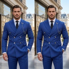Blue Striped Men's Suits 2Pcs Double Breasted Coat Peak Lapel Business Tuxedos