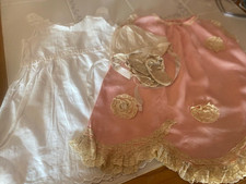 Antique baby christening baptism gown, crochet booties cap pink cream lace